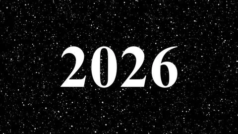 Year two thousand twenty six displayed in bold white font on a dark black b.. Stock Illustration