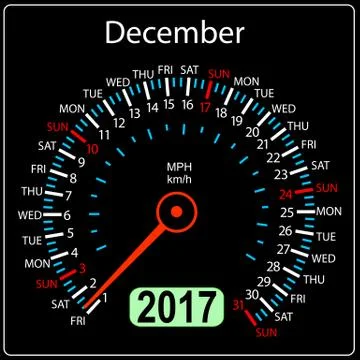 Year2017 calendar speedometer car in vector. December Stock Illustration