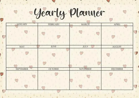 Yearly planner romantic paper sheet. Worksheet lovely template simple design Stock Illustration