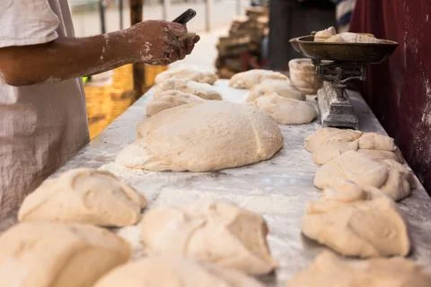 Yeast dough on baking table. cooking process Stock Photos