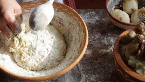 Yeast dough preparation process knead hands ,woman cooks food Video stock 98888045