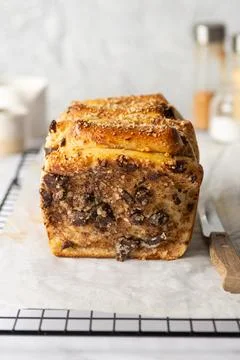 Yeast pull-apart bread with cream cheese, chocolate, prunes, chocolate and nuts Stock Photos