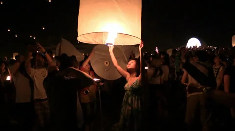 Yee Peng Celebration. Sansai, Lanterns Festival, ChiangMai. HD 1080p. Stock Footage 34192549