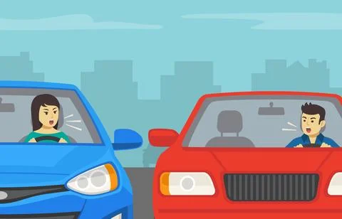 Yelling characters. Road rage between male driver and female driver. Stock Illustration