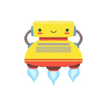 Yelllow Flying Friendly Android Robot Character In Shape Of Typewriter Vector Stock Illustration