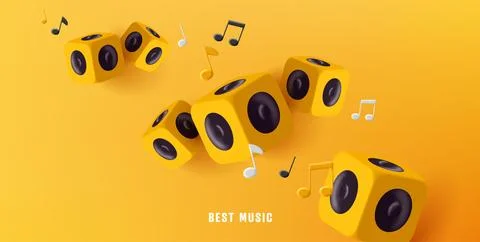 Yellow 3d boom box column, render style cubes with sound amplifyer and notes, Illustrazione stock