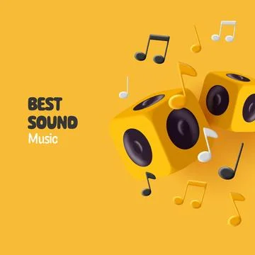 Yellow 3d boombox columns composition with notes, render style cubes best sou Illustrazione stock