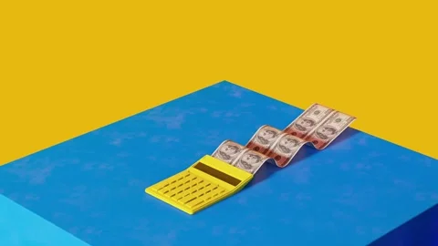 Yellow 3D Calculator Printing Dollar Banknotes on Blue Table and Yellow 스톡 동영상 334576180