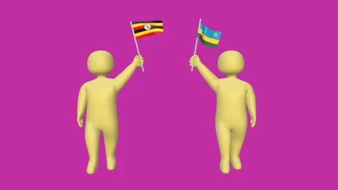 Yellow 3D figures presenting Uganda and Rwanda flags on magenta Stock Footage 320353506