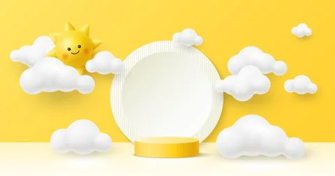 Yellow 3D kid podium stage with sun and clouds Stock Illustration