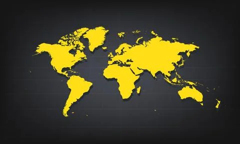 Yellow 3D Map of world on a Dark Background, Displaying Geographical Shape .. Stock Illustration