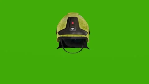 A yellow 3D model of a firefighter's helmet rotates on a green screen Stock Footage 279080100