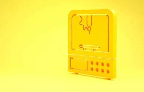 Yellow 3D printer icon isolated on yellow background. Minimalism concept. 3d  스톡 일러스트