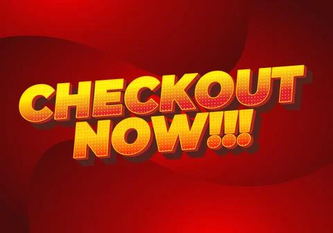 Yellow 3d text checkout now!!! on red abstract wavy background, pop art sty.. Stock Illustration