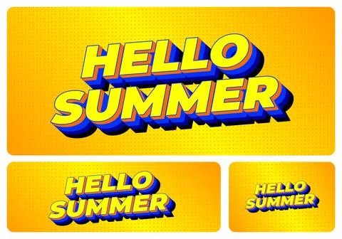 Yellow 3d text hello summer with blue shadow on dotted orange background, t.. Stock Illustration