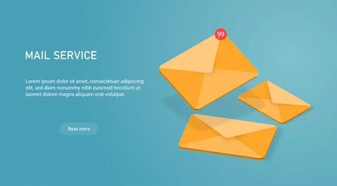 Yellow 3d vector mail icon. Isometric email sending illustration. Mailing spa Stock Illustration