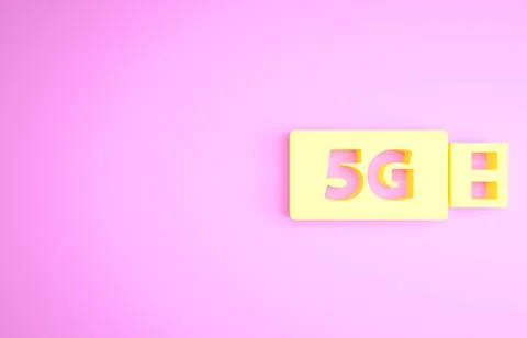 Yellow 5G modem for fast mobile Internet icon isolated on pink background. Gl Illustrazione stock
