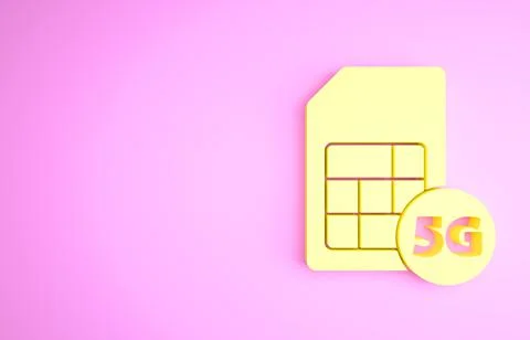 Yellow 5G Sim Card icon isolated on pink background. Mobile and wireless comm Stock Illustration