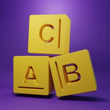 Yellow ABC blocks icon isolated on purple background. Alphabet cubes with l.. Stock Photos