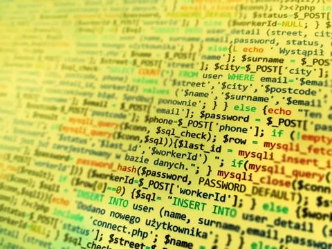 Yellow abstrack background with program code development. Software developmen Stockfoto's