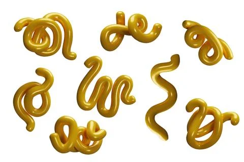 Yellow abstract curve lines, scribble shape 3D plastic cartoon icons set, volume Stock Illustration