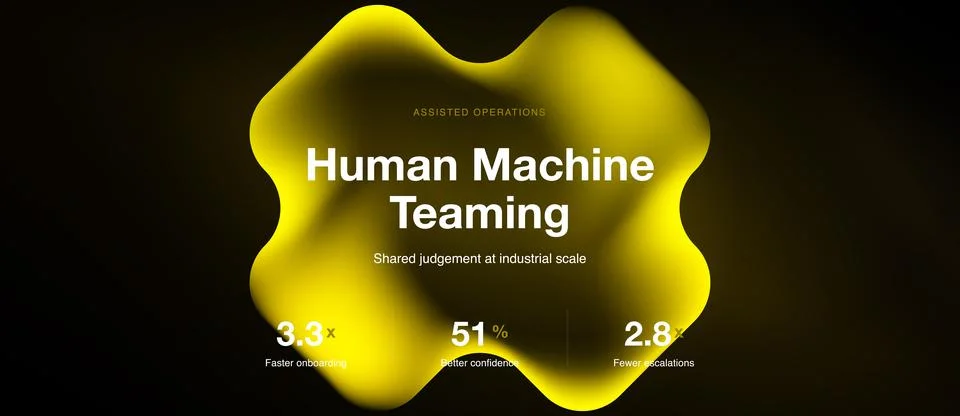 Yellow abstract shape displays Human Machine Teaming text. Numbers indicate Illustrazione stock