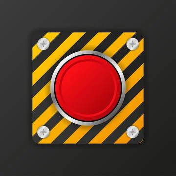 Yellow alarm button on red background. Vector web button. Click, Stop sign. Illustrazione stock