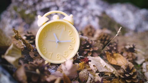 Yellow alarm clock fall back time change close up Stock Footage 161150554