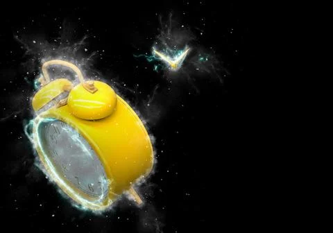 Yellow alarm clock in space on a black background - time power concept Stock Illustration