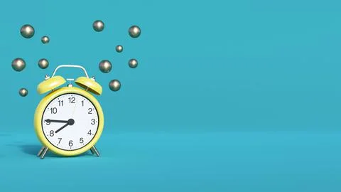 Yellow alarm clock surrounded by bubbles or balloons on a blue background Stock Illustration
