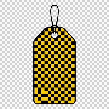 Yellow and black checkered grid patterned price tag label with loop string. Stockfoto's