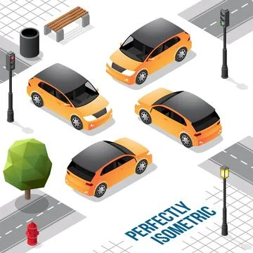 Yellow and Black Isometric Hatchback Car from Front Back Right and Left Stock Illustration