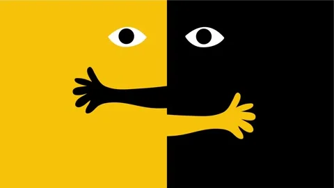 Yellow and black split face character with eyes and arms Stock Footage 317603612