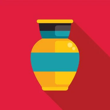 Yellow and blue ceramic vase with stripes standing on red background Stock Illustration