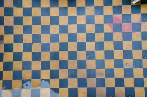Yellow and Blue Checkered Floor Tiles, background, texture Stock Photos