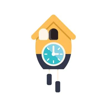 Yellow and blue cuckoo clock showing time on white background Stock Illustration