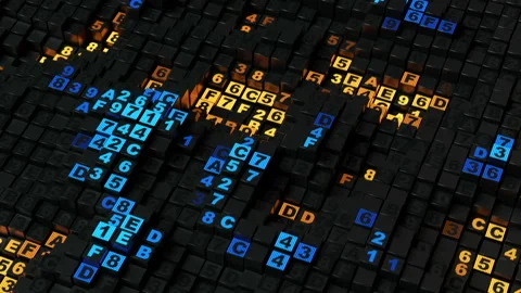 Yellow and blue HEX programming code seamless loop 3D render animation Stock Footage 104047419