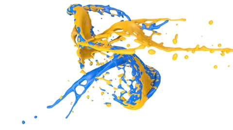 Yellow and blue paint splashes collide in slow motion (FULL HD) Stockbeeldmateriaal 36526480