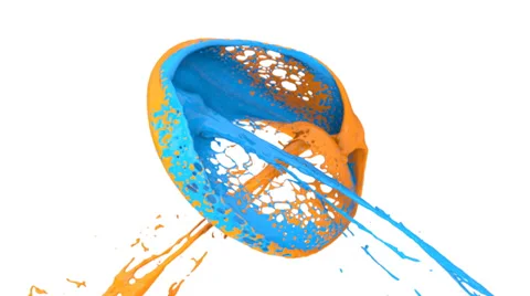 Yellow and blue paint splashes collide in slow motion, alpha included (FULL HD) Video stock 36834532