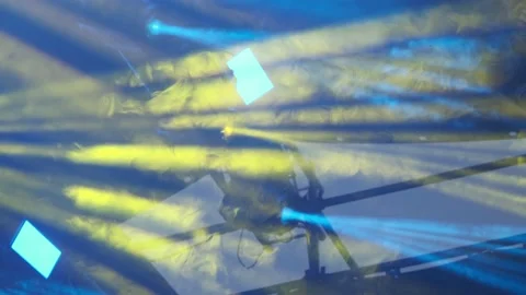 Yellow and Blue rays of Light. Lighting Equipment on a stage decoration on a con Video stock 136077822