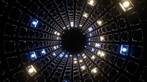Yellow and Blue Strobe Mirrored Square Elements Tunnel Background VJ Loop in Video stock 267882159
