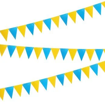 Yellow and blue triangular bunting flags on white background. Festive decor 写真素材