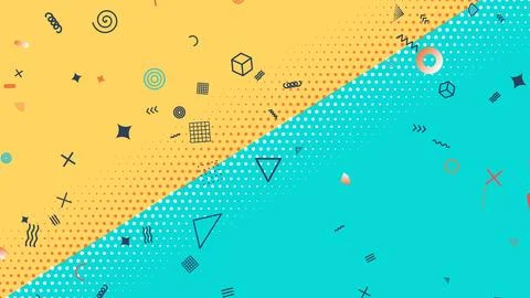 Yellow and cyan diagonal split with halftone dots and Memphis doodles, pop .. イラスト素材