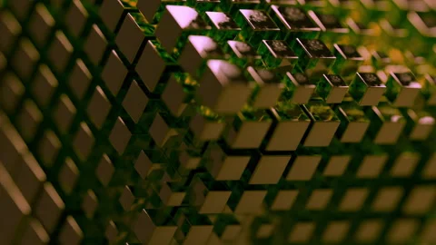 A yellow and green cube made of many cubes shape shifting and moving Stock Footage 253620876