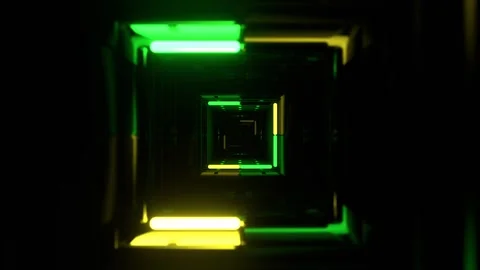 Yellow and Green Dark Endless Fantasy Corridor with Flashing Neon Background Video stock 328356609