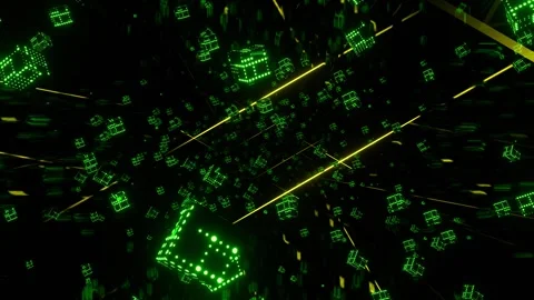 Yellow and Green Levitating Cubes and Neon Lines in Cyberspace Background VJ Video stock 328356854