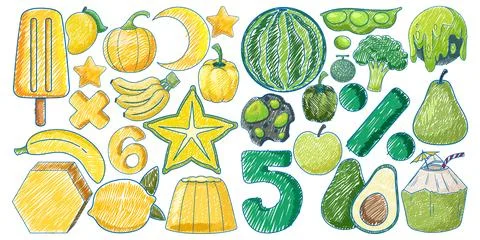 Yellow and Green objects in Pencil Colour Sketch Simple Style Stock Illustration