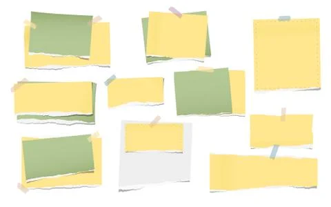Yellow and green torn note, notebook paper pieces for text stuck with sticky Stock Illustration