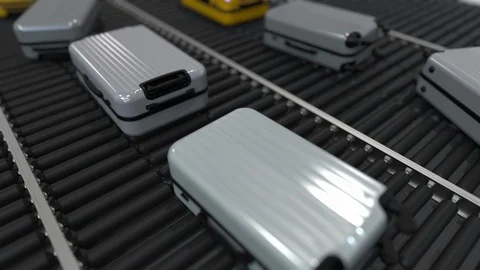 Yellow and grey suitcases move on the conveyor. Loopable 3D animation Video stock 106933102