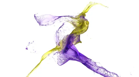 Yellow and purple splashes collide in slow motion, isolated on white (FULL HD) Stock Footage 36588159